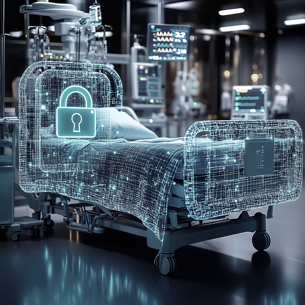Futuristische digitale Illustration eines Krankenhausbettes, das von einem leuchtend blauen Datennetz überzogen ist und ein neonfarbenes Vorhängeschloss-Symbol als Zeichen für Cybersicherheit im Gesundheitswesen zeigt