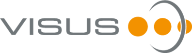 der graue Schriftzug "VISUS" links neben drei orangefarbenen Punkten, die von einem grauen Bogensegment teilweise umschlossen werden
