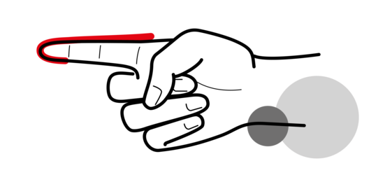 Eine einfache Strichzeichnung einer Hand, deren ausgestreckter Zeigefinger nach links weist und an der Oberseite mit einer roten Linie markiert ist.