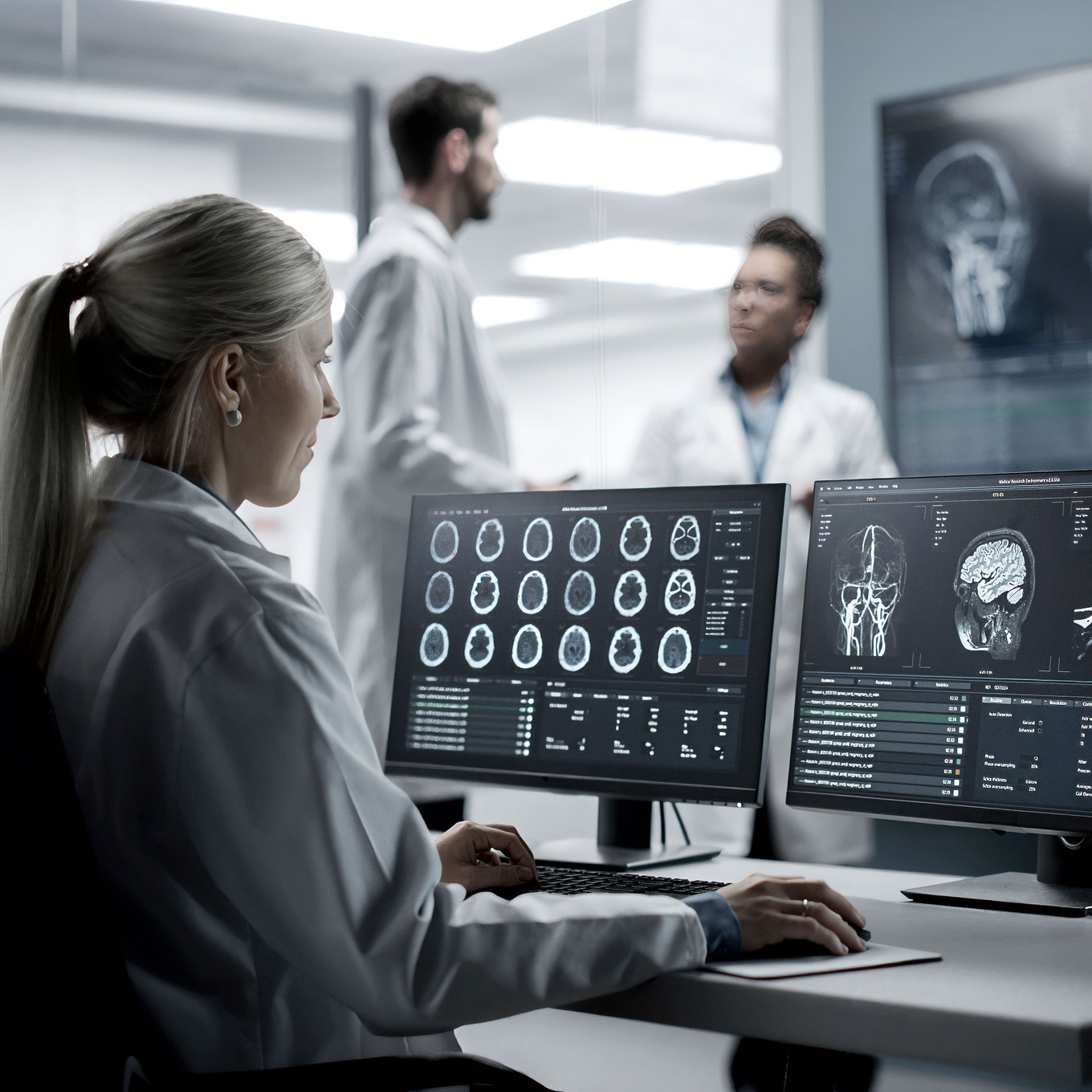 eine Fachkraft in weißer medizinischer Kleidung sitzt vor zwei Monitoren, die radiologische Schichtaufnahmen des Gehirns zeigen, im Hintergrund des hellen, klinischen Raums sind zwei weitere Personen in medizinischer Kleidung in einem Gespräch zu sehen