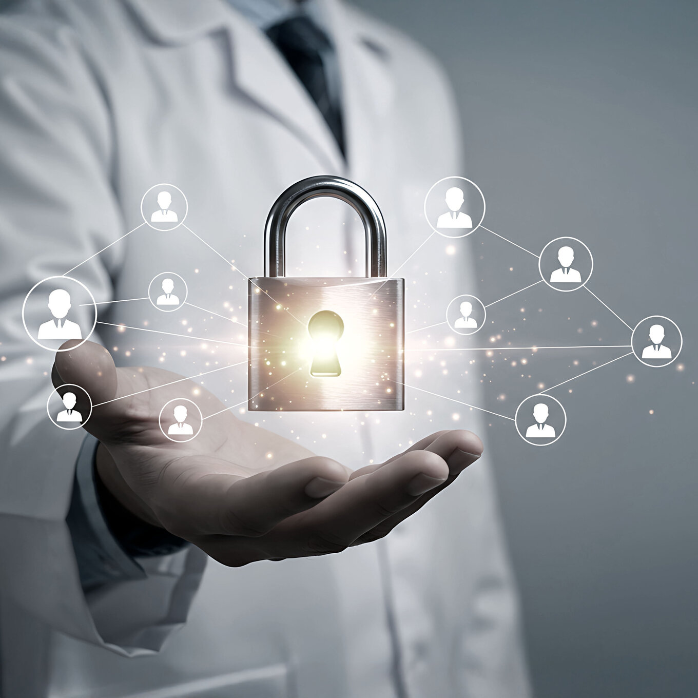 eine Person in weißer medizinischer Kleidung hält eine Handfläche nach oben, über der ein leuchtendes Vorhängeschloss-Symbol sowie vernetzte Patienten-Icons schweben, um Datensicherheit und Privatsphäre in der Medizin zu visualisieren 