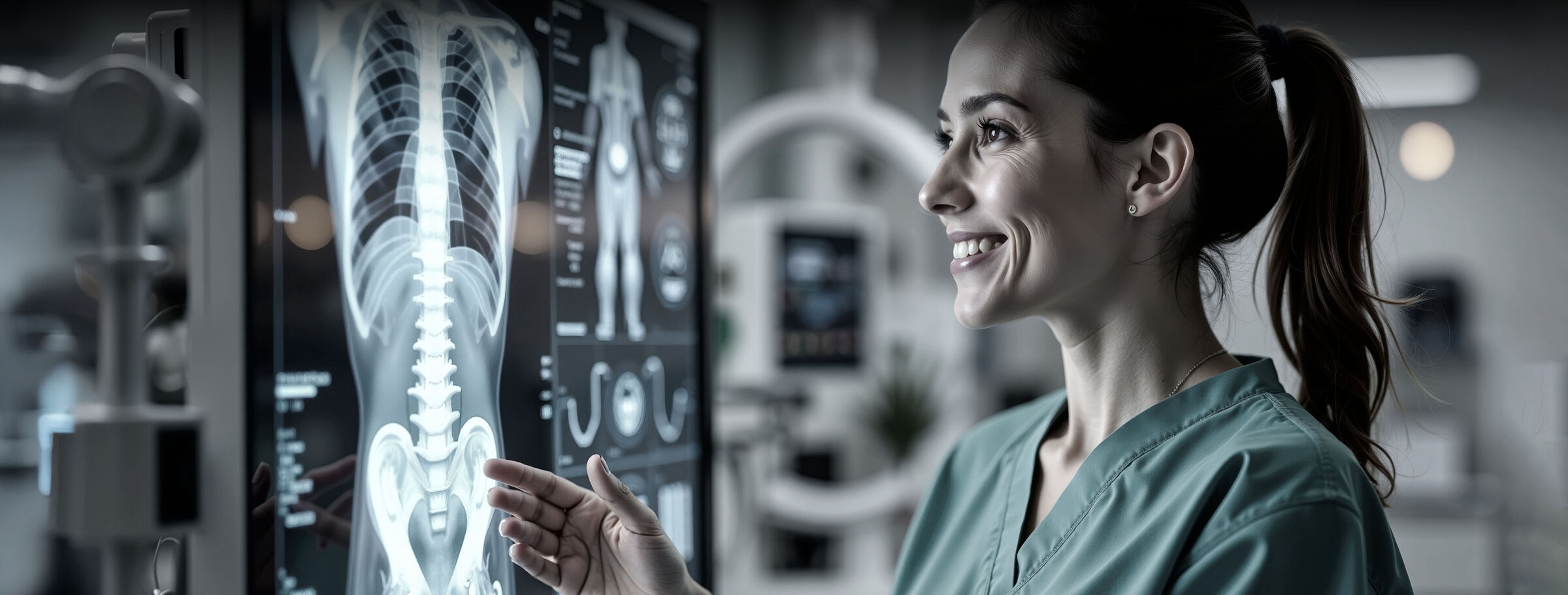 eine lächelnde medizinische Fachkraft in grüner Arbeitskleidung steht vor einem großen, hochauflösenden Monitor, der eine leuchtende, detaillierte radiologische Ganzkörperaufnahme des menschlichen Skeletts zur Analyse zeigt