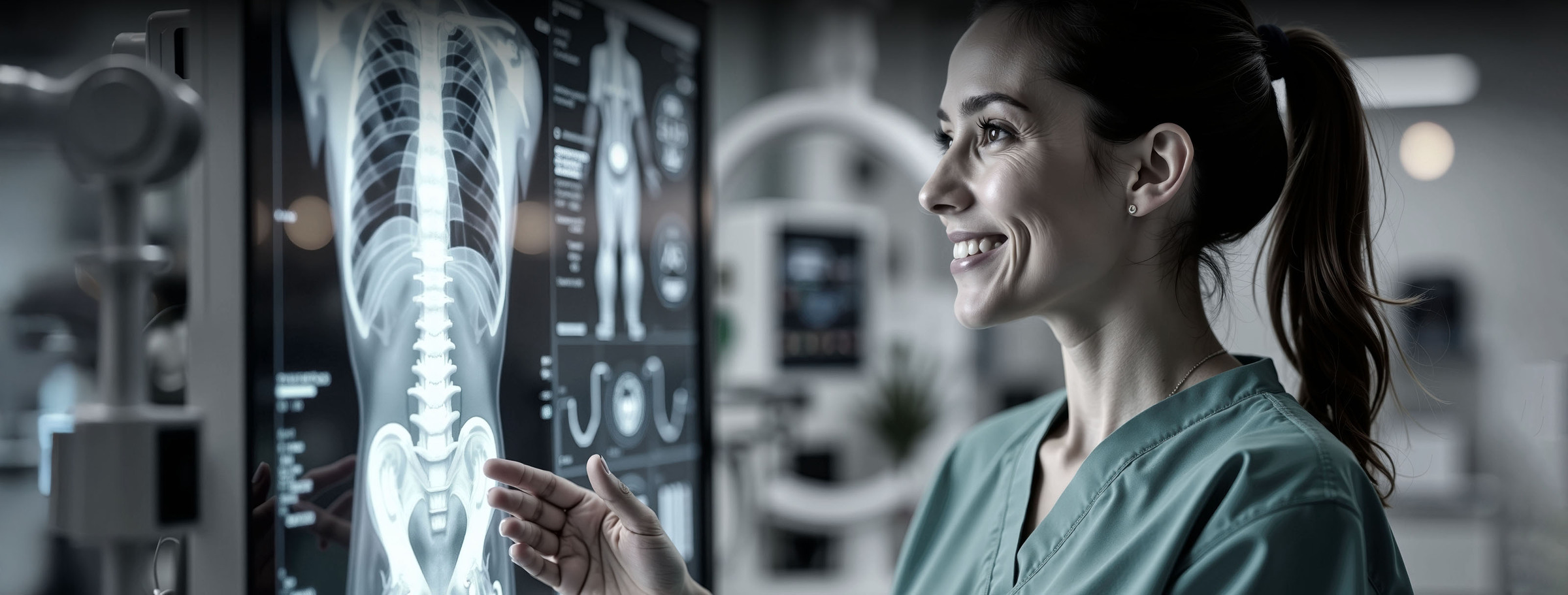 eine lächelnde medizinische Fachkraft in grüner Arbeitskleidung steht vor einem großen, hochauflösenden Monitor, der eine leuchtende, detaillierte radiologische Ganzkörperaufnahme des menschlichen Skeletts zur Analyse zeigt