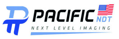 Der Markenname "PACIFIC" in schwarz und "NDT" in blau, ergänzt durch den Slogan "NEXT LEVEL IMAGING" und eine Grafik, die einer US-Flagge ähnelt, links neben einem stilisierten, blauen "P"-Symbol