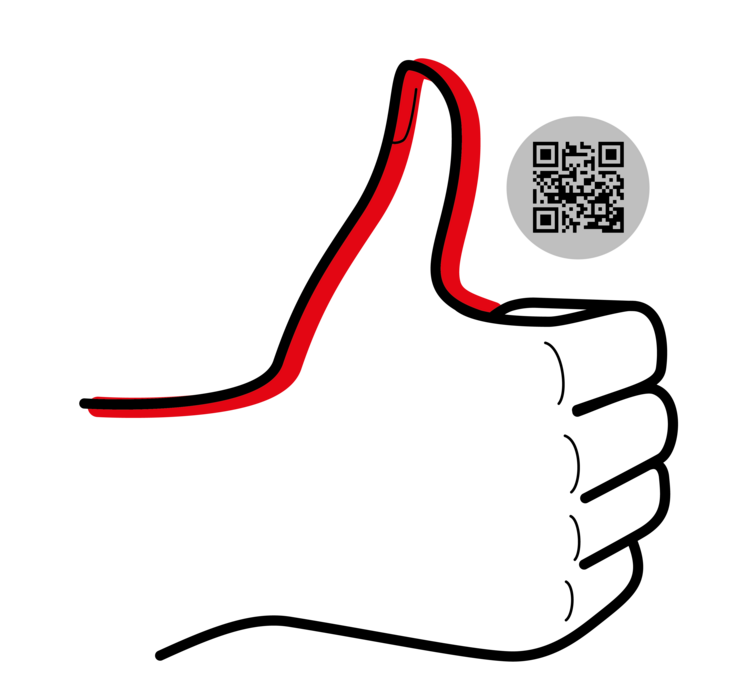eine zur Faust geballte skizzierte Hand mit nach oben gestrecktem Daumen in der Seitenansicht, dessen Außenkante von der Wurzel bis zur Spitze mit einer roten Linie nachgezeichnet ist mit QR- Code