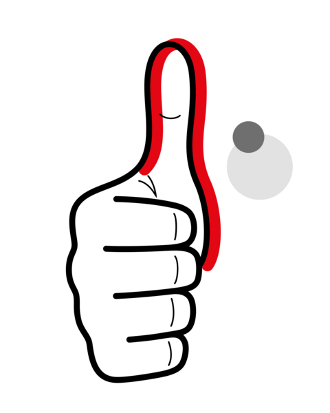 eine zur Faust geballte skizzierte Hand mit nach oben gestrecktem Daumen in der Frontalansicht, dessen gesamte Außenkontur mit einer roten Linie hervorgehoben ist