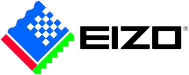 schwarz geschriebener Markenname "EIZO" rechts neben einer rautenförmigen Grafik, die aus blauen, grünen und roten Pixelelementen besteht