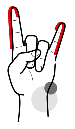 Eine zur Faust geballte skizzierte Hand, bei der Zeigefinger und kleiner Finger wie Hörner ausgestreckt sind und deren Außenkanten sowie Spitzen mit einer roten Linie markiert sind 