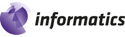 Logo "informatics" in einer schwarzen, kursiven Kleinschreibung neben einem abstrakten, violettem Symbol, das aus mehreren überlappenden Kreissegmenten besteht
