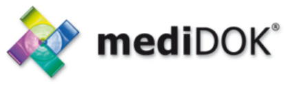 Der Markenname "mediDOK" in schwarzer Schrift mit einem registrierten Markensymbol, links daneben ein farbiges Icon aus vier sich kreuzenden, abgerundeten Rechtecken in grün, gelb, blau und Violett