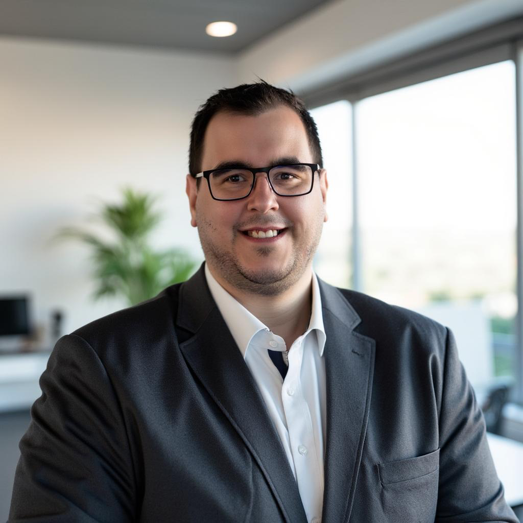 Porträt eines freundlich lächelnden Mannes mit Brille, der ein dunkelblaues Sakko, ein weißes Hemd und eine dunkle Krawatte in einer hellen, modernen Büroumgebung trägt