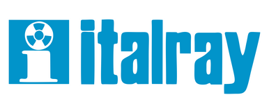 in hellblauen Buchstaben geschriebene Markenname "italray" rechts neben einem quadratischen Symbol, das eine stilisierte Grafik innerhalb der Form zeigt